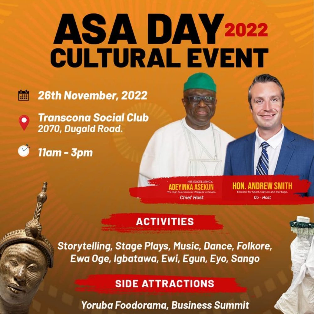 DAY D-13 AT 2070 DUGALD ROAD, WINNIPEG, MB (ASA DAY WORD WIDE 2022– CULTURAL EVENT, NOV. 26, 2022)/&#x1f449; “WITH THE FEDERAL GOVERNMENT OF NIGERIA, H.E. ADEYINKA ASEKUN (NIGERIA) &amp; GOVERNMENT OF MANITOBA, HON. ANDREW SMITH (CANADA) // &#x270d;&#xfe0f; TABLE STANDS FOR SMALL BUSINESSES &amp; ADVERTISING SPACE FOR SALE AVAILABLE”- POWERED BY JOAMA CONSULTING: NOV. 13, 2022